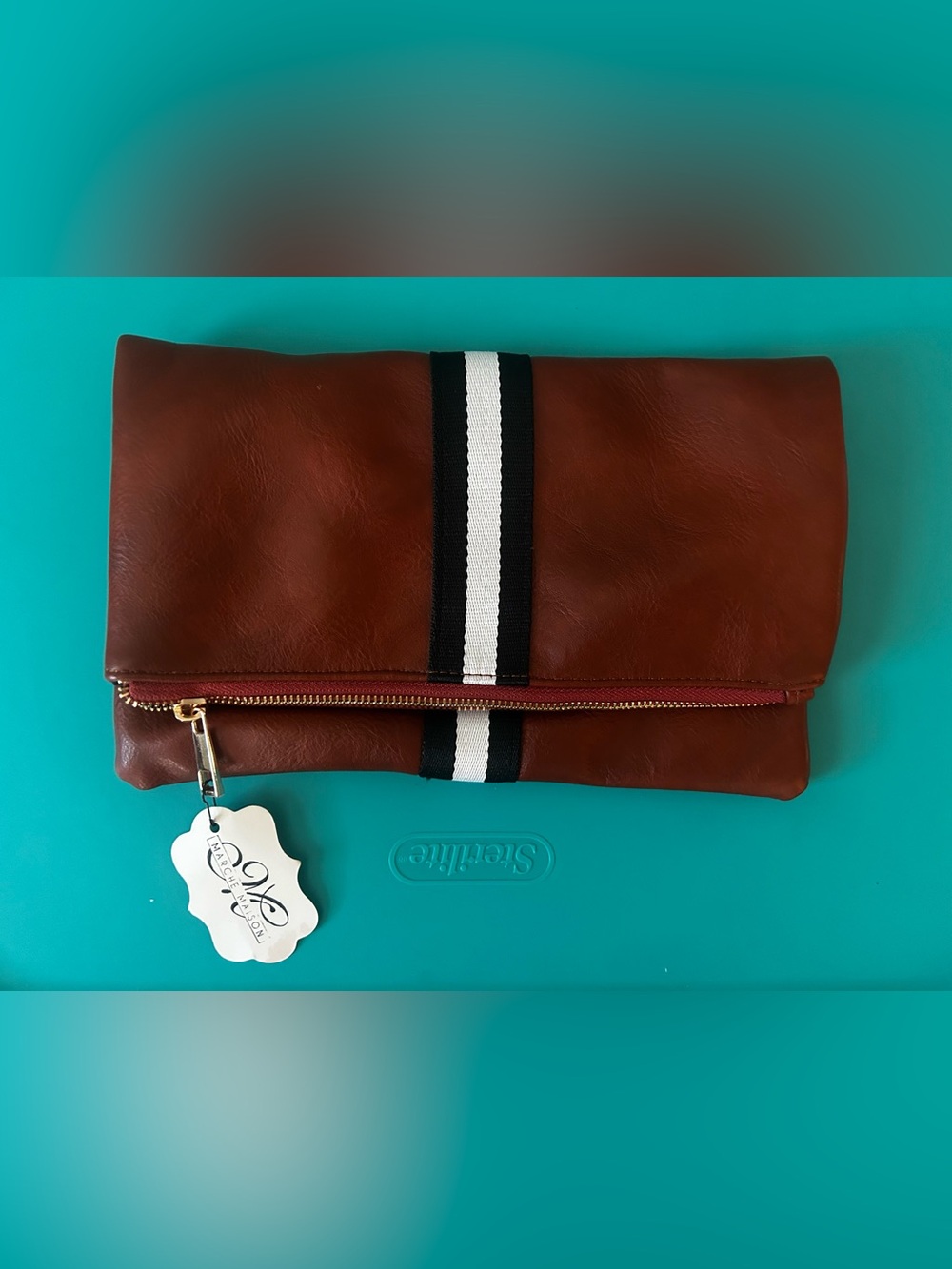 Funky Monkey Brown Foldover Clutch Black White Stripe Gold Zip